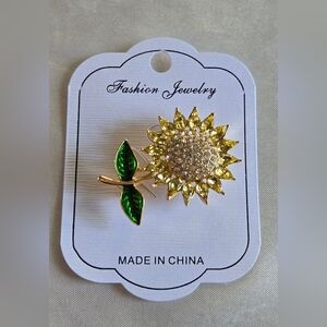 Yellow Sunflower Brooch with Green Leaves